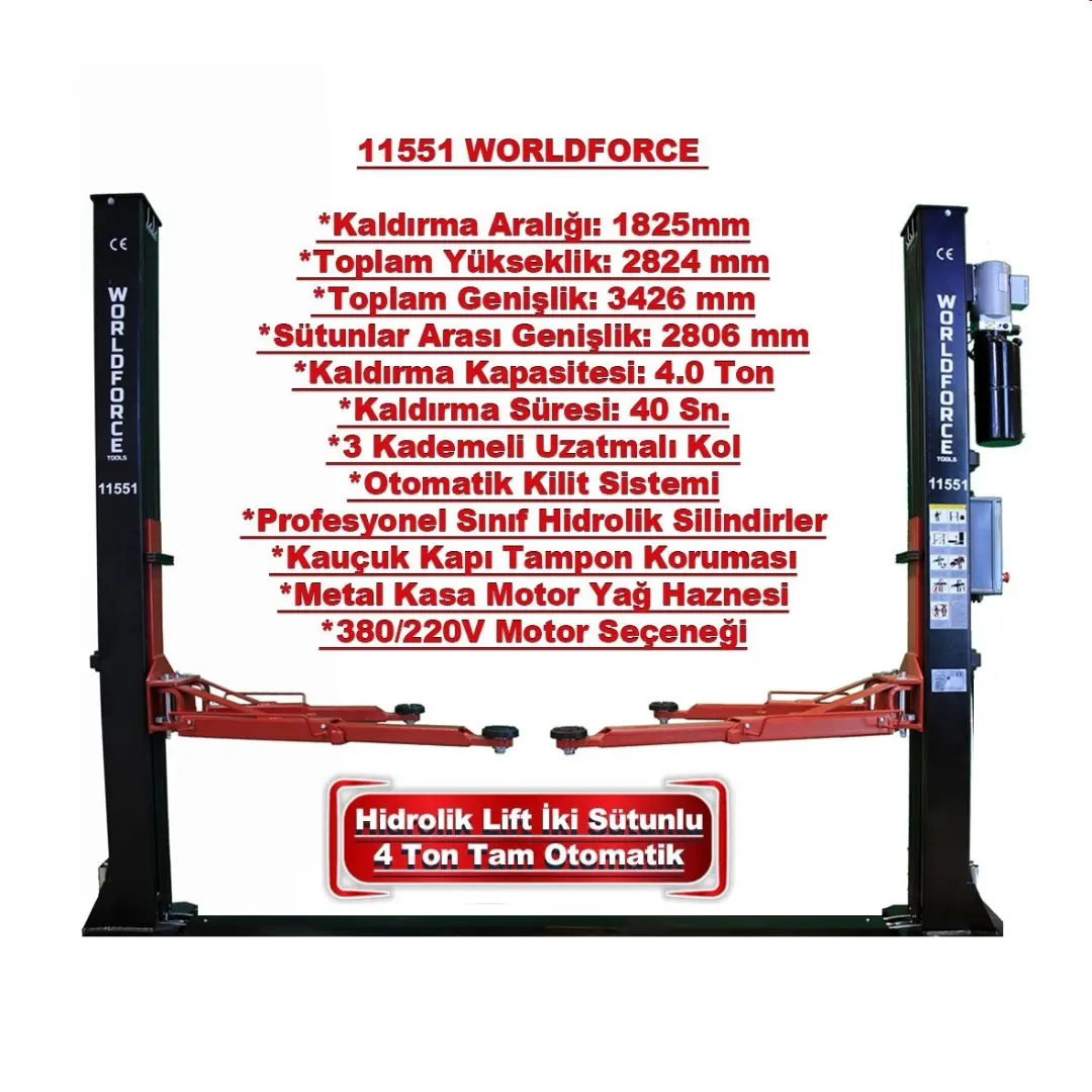 Worldforce Hidrolik Lift İki Sütunlu 4 Ton 380V Tam Otomatik