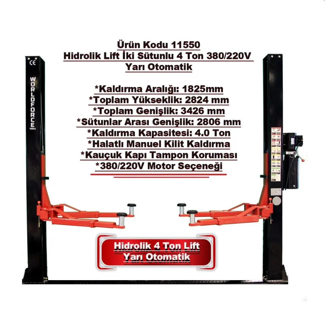 Worldforce Hidrolik Lift İki Sütunlu 4 Ton 380V Yarı Otomatik